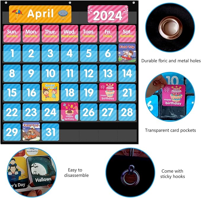 REGELETO Large 44 Pockets Calendar Pocket Chart for Classroom with 85 Cards, Size:25” X 24” Monthly Calendar and Weather Black Pocket Chart for Kids Learning for Home or Kindergarten (44 Pockets)
