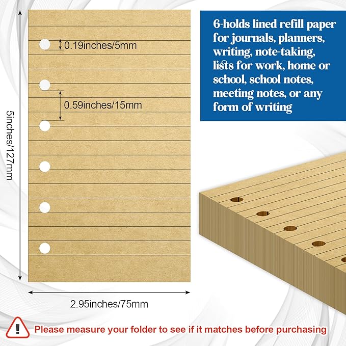 Ireer 200 Sheets Blank Lined Paper Refill for 3 x 5 Binders 6 Ring Memo Refill Paper Mini Ruled Filler Paper Books Planner Inserts Blank Lined Paper for Binder (Kraft)