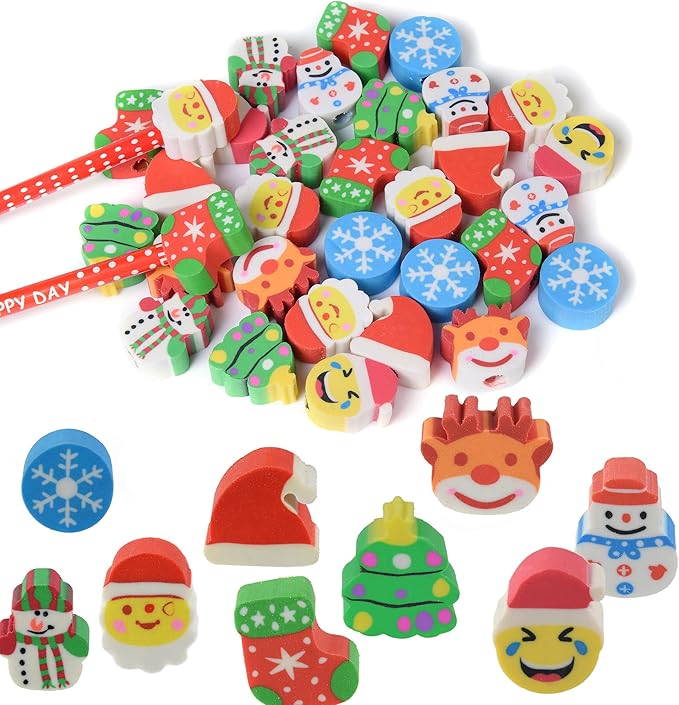 34PCS Fun Cute Christmas Topper Erasers for Kids Bulk,Top Erasers for Pencil Back to School Party Gifts