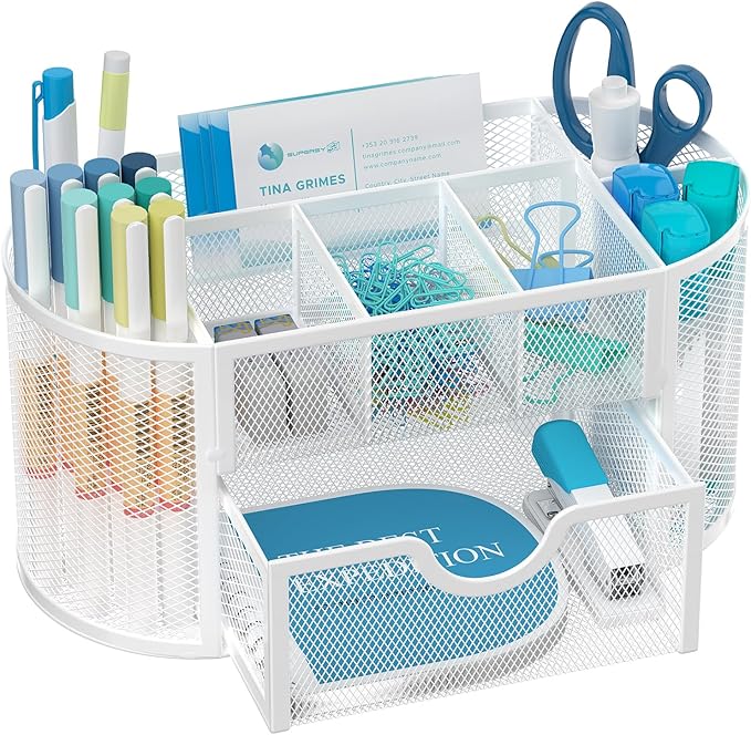SUPEASY Mesh Desk Organizer, Desk Accessories & Workspace Organizers with Drawers, Pencil Holder for Desk with 9 Compartments for Office Suppliess, 8.6 x 4.3 x 4.1 Inch, White