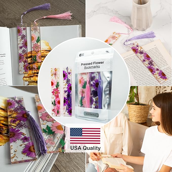 Pressed Flower Bookmarks (2 Pack) Clear Dried Floral Resin with Tassels Handmade Gift for Women, Students, Bookworms, Book Lovers, Accessories to Increase Reading Interest