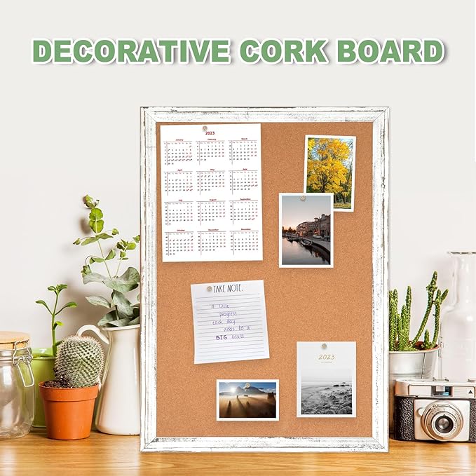 DOLLAR BOSS White Cork Board - 24 X 18 Inches, Rustic Wooden Frame, Decorative Hanging Pin Board for Office & Home Decor