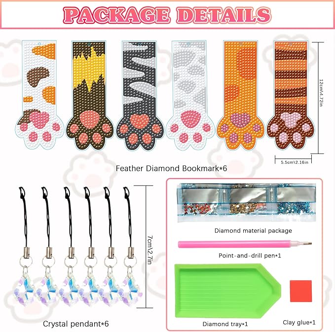 pigpigboss Paw Bookmark Diamond Painting Set 6 PCS PVC Cute Animal Paw Diamond Painting Bookmark with Pendant Diamond Painting Bookmark for Adult Book Decor Gift
