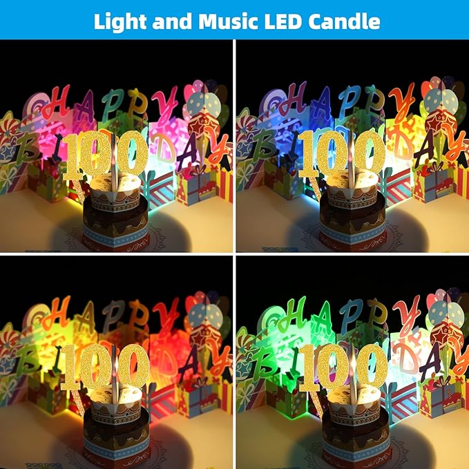 Gumry 100TH Musical Birthday PopUp Card, Blowable Colorful Light Candle 3D Cards with Song, Applause Cheers Sound, Greeting Cards Birthday Gifts Decorations for Women Men Turning 100 Years Old