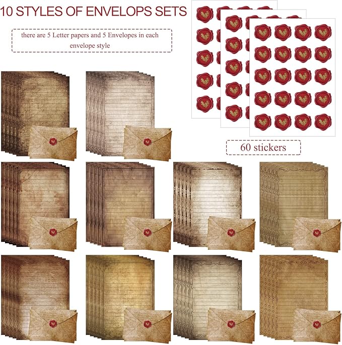 TaoBary 160 Packs Stationery Paper Set (50 Double Sided Stationery Writing Papers 50 Matching Envelopes) 60 Round Dot Sticker, 10 Design(Vintage Antique,5.5 x 8.25 Inch)
