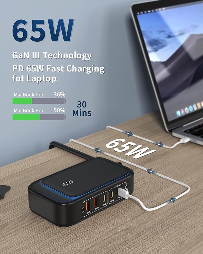 USB C Power Strip 65W, Outlet Extender with 2 AC Ports, 3 USB-C Ports, 2 USB-A Ports, Surge Protector GaN USB Charger Station for Laptop/Phone and More
