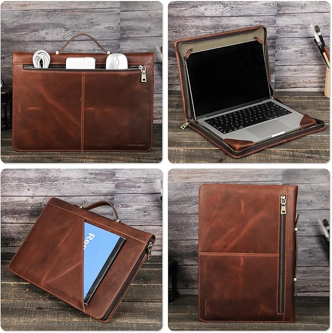 Top Grain Leather 13.3" Slim Laptop Zipper Folio Case Bag, Vintage Design & 2 Pockets, Handmade, Compatible with MacBook Pro 13.3" MacBook Air M1/M2 ZENBOOK 13.3" & other PC, Brown 13.3 Inch