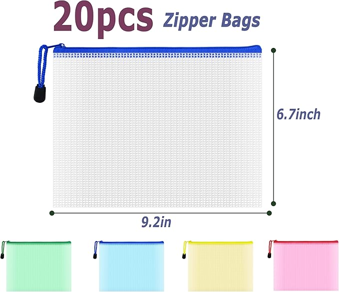 AUSTARK 20 Pcs Zipper File Bags, Plastic Mesh Pouch, Board Game Storage Bag, Waterproof Bags for Office School (A5 Size 9.2''x6.7'', Multicolored)