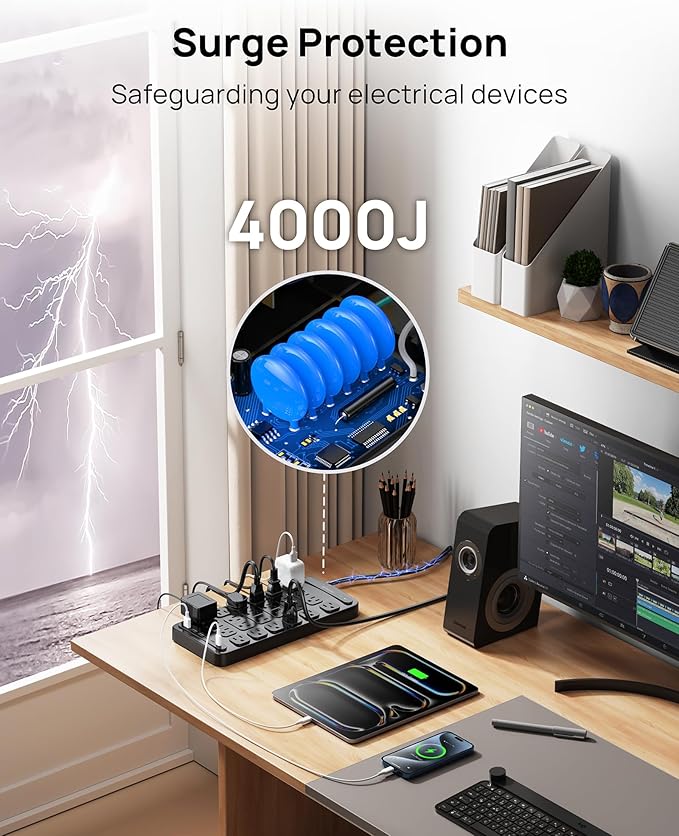 TROND Surge Protector Power Strip, 360° Rotating Flat Plug, 24 AC Outlets, 6 USB Ports Total 37W, 4000 Joules, ETL Listed, 15ft Heavy Duty Extension Cord 1875W for Gaming Dorm Room Essentials Black