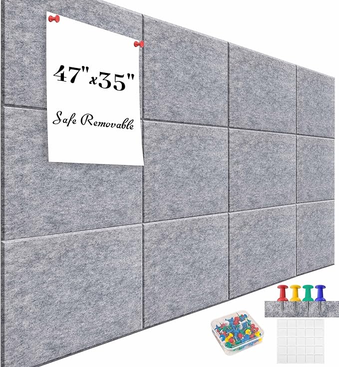 Felt Bulletin Board Felt Wall Tiles 12 Pack- 47"x35" Large Cork Board/Cork Tiles Alternative Safe Removable Felt Boards for Walls Felt Board for Office Felt Pin Board Light Gray