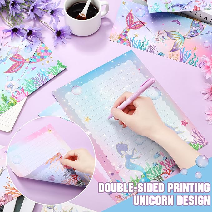 TaoBary 160 Packs Stationery Paper Set (50 Double Sided Stationery Writing Papers 50 Matching Envelopes) 60 Round Dot Sticker, 10 Design(Mermaid,8.5 x 11 Inch)