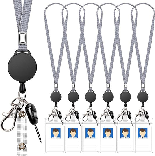 6 Pack Retractable Badge Lanyards and ID Badge Holder, Strap Lanyard with Swivel Metal Clasp for Badge Holders, Keychains, Offices, Staff, Students, Employees, Grey