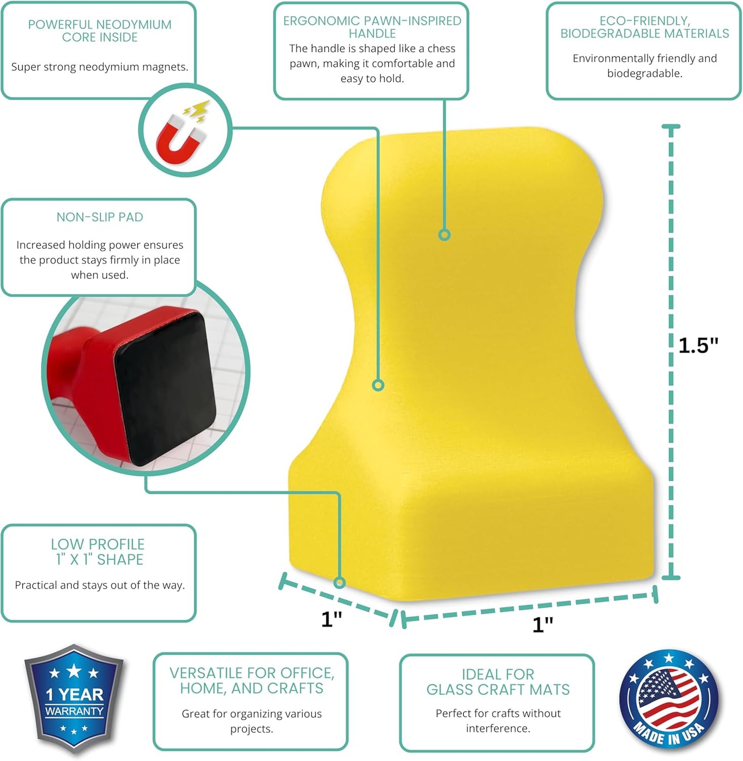 Glassboard Studio MiniPawn Magnet - Strong Neodymium Rare Earth Magnets for Fridge, Whiteboard, Locker & Magnetic Glassboards - Crafting & Office Use - Strong Fridge Magnets (Sunshine Yellow, 12)