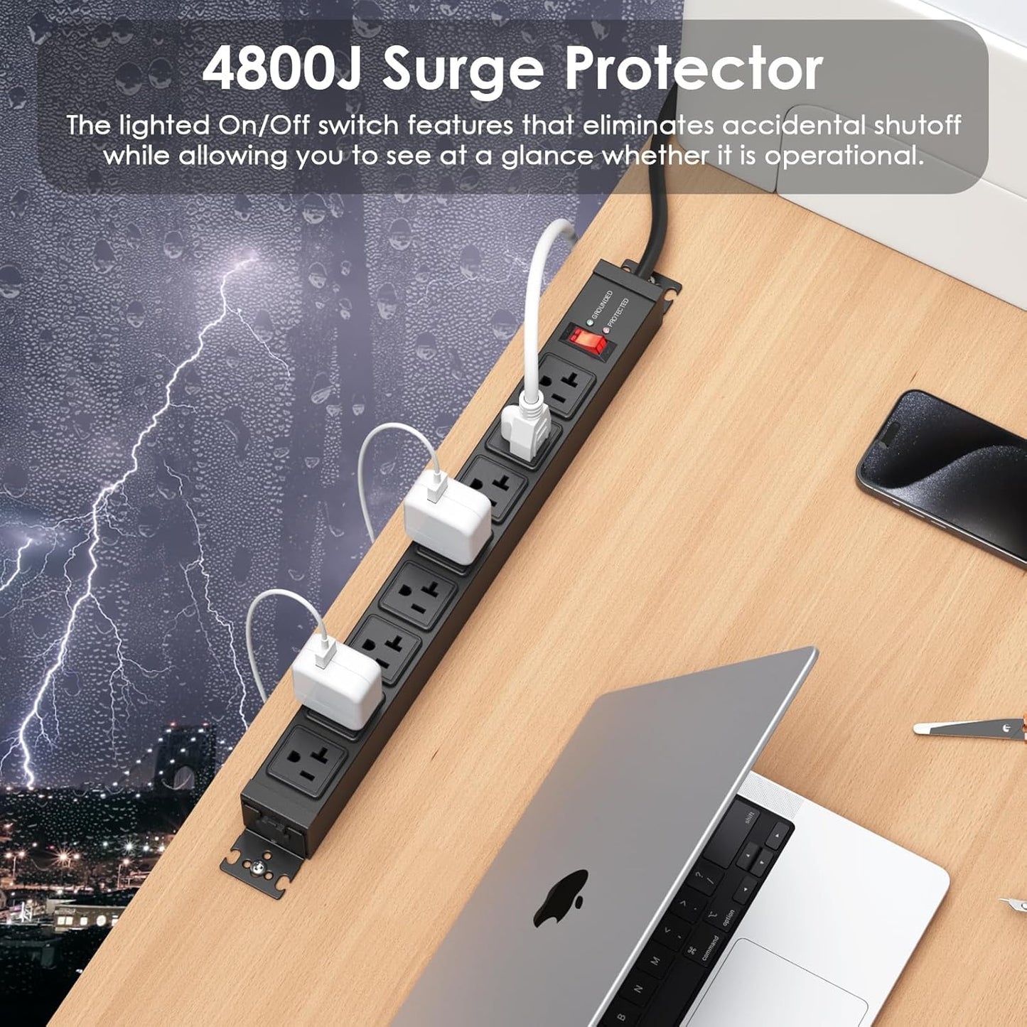 JUNNUJ 20 Amp Power Strip Heavy Duty 2 Pack, 4800J Surge Protector Metal Power Bar Multi Angle Mount, 20A Garage 8 Outlet Shop 6-20R T-Slot, 5-15P Adapter 12 Gauge Extension Cord 15 ft for Appliance
