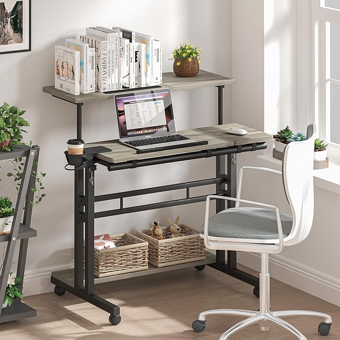 Panta Mobile Standing Desk, Adjustable Rolling Computer Desk with 3 Desktops, Portable Laptop Table with Desk Cup Holder, Home Office Laptop Workstation on Lockable Wheels,Grey Oak