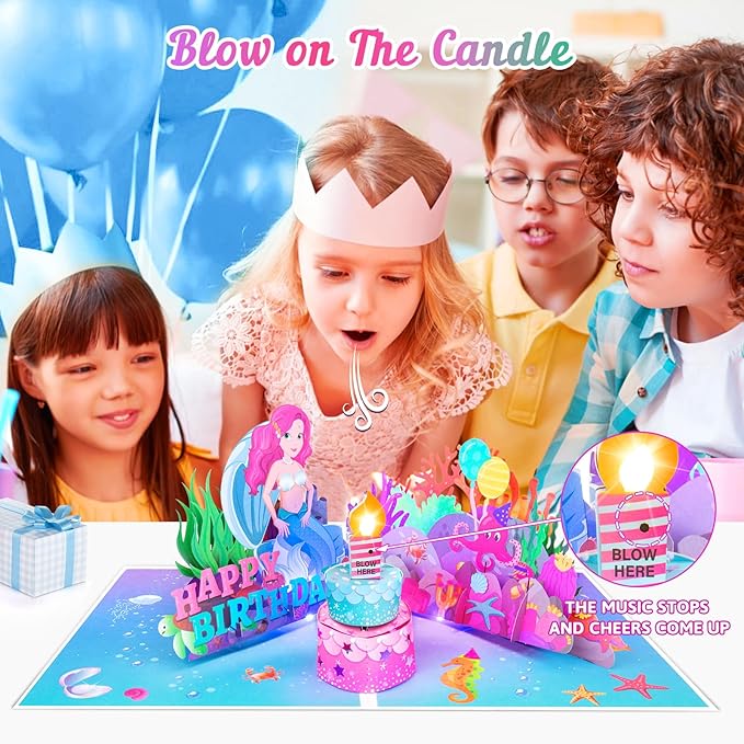 Birthday Card with Light&Music, Mermaid 3D Pop up Greeting Cards with Blowable Candle Birthday Gifts for Women Girls Daughter Sister Kids