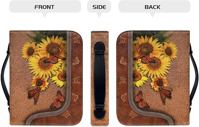 Lotusorchid Butterfly Bible Bags, Sunflower Faux Leather Bible Covers with Handle Pockets for Women, Portable Sturdy Bible Bag for Girls Ages 8-12, Christian Bible Study Accessories, Brown,2XL