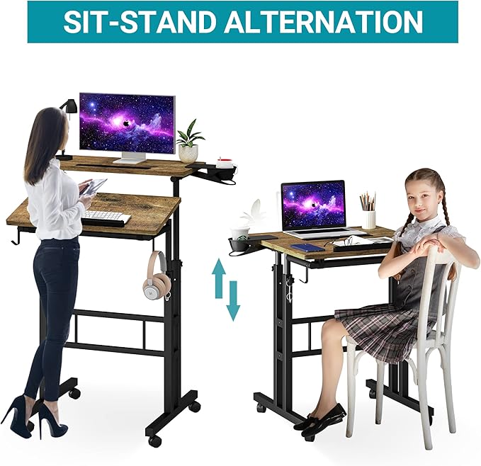 Klvied Rolling Mobile Desk with Cup Holder, Portable, Adjustable Height Small Stand up Desk on Wheels for Home Office Laptop Cart, Computer, Standing or Sitting,Oak