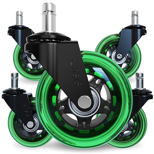 The Original Roller Blade Office Chair Wheels (As Seen On PBS) - Incredibly Smooth & Quiet Rolling Casters - Safe for Hardwood Floors & Carpet - Easy Installation with Universal Fit - Set of 5 - Green