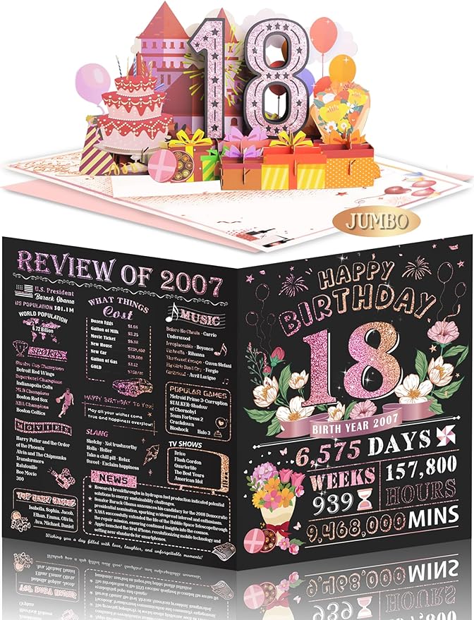 18th Birthday Card for Girls Daughter, Jumbo Pop Up 18th Birthday Cards for Her Granddaughter, Happy 18th Birthday Decorations for 18 Year Old Girls Daughter Funny Birthday Gifts, Review of 2007, Pink