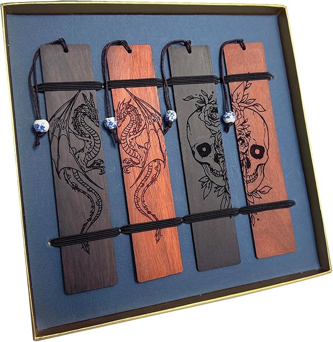 4 Pcs Wooden Bookmark Set, Book Marks for Book Lovers, Unique Bookmarks Gifts for Men Boy (Dragon and Skull)