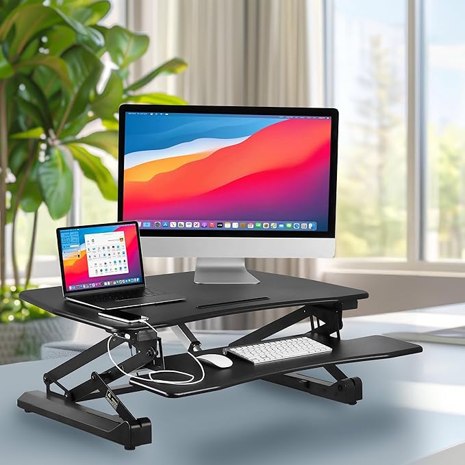 Mount-It! Electric Standing Desk Converter 35.4" x 23" Stand Up Desk Riser, Computer Workstations Motorized Desk Convertor, Sit to Stand with Built-in USB Port, Ergonomic Height Adjustable in Black