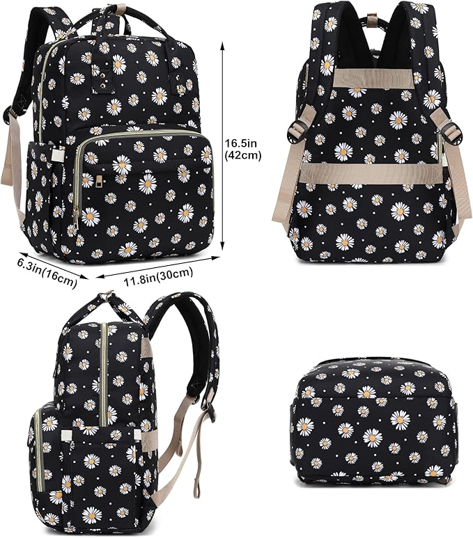 Daisy Black Laptop Backpack College Bookbag School Backpack for Women Girls, Travel Backpack 15.6 Inch Computer Backpacks
