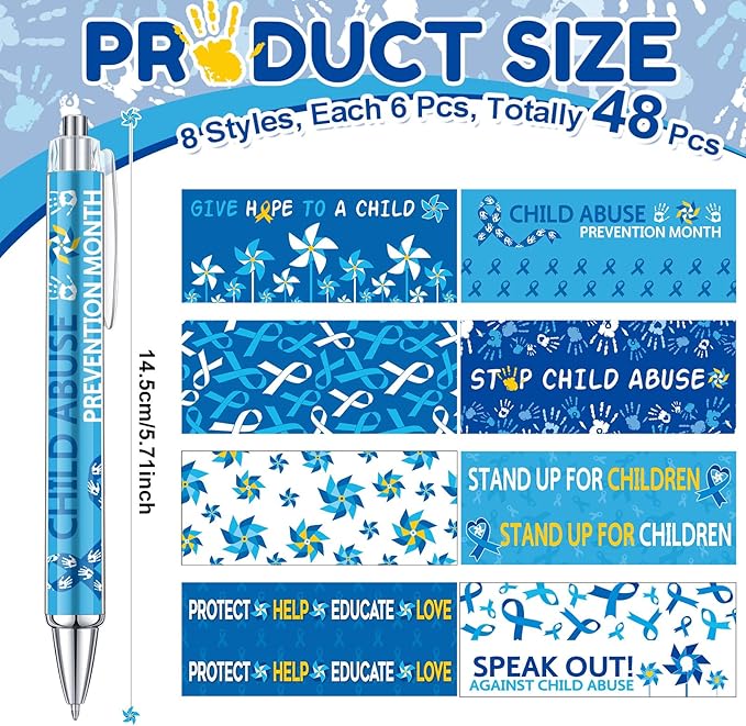 48 Pcs Child Abuse Awareness Pens Blue Ribbon Pinwheel Ballpoint Pens Bulk Child Abuse Prevention Awareness Pens for Love Support Events Charity Abuse Prevention Awareness Month