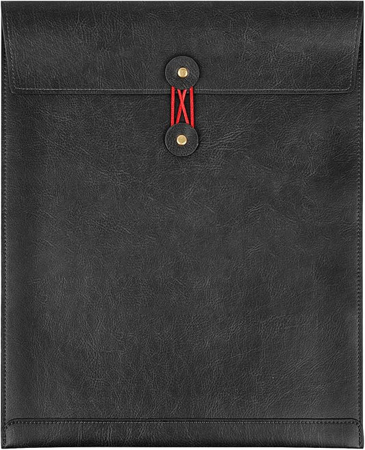 Black A4 PU Leather File Folders for Documents,Important Private File Organizer with String Tie Closure,Laptop Sleeve Notebook Case,Leather Portfolio Binder Envelopes, Filing Folder 1PC