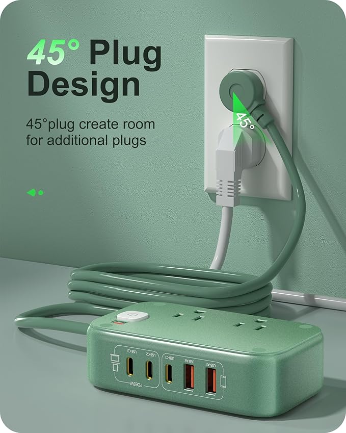 Surge Protector Power Strip with USB Ports, 7-in-1 65W Desktop Charging Station Outlet Extender with 2 AC Outlets, 3 USB-C and 2 USB-A Ports for Laptop/Phone and More