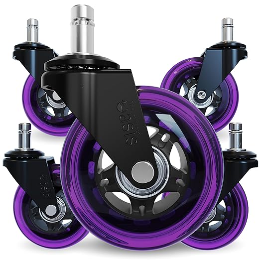 The Office Oasis Original Roller Style Office Chair Wheels (As Seen On PBS) - Smooth & Quiet Casters - Safe for Hardwood Floors & Carpet - Easy Installation with Universal Fit - Set of 5 - Purple