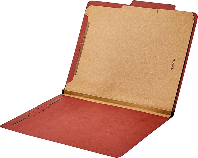 Amazon Basics Pressboard Classification File Folder with Fasteners, 2 Dividers, 2-Inch Expansion, Pack of 10, 12.17 x 10.67 inch (Letter), Red