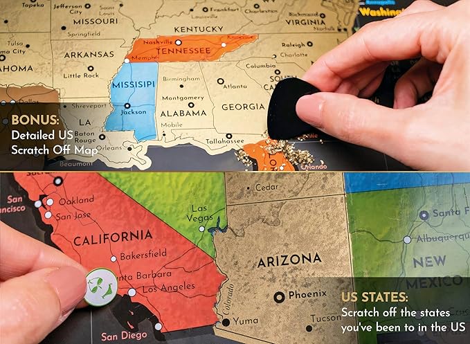 Two Scratch-Off Maps: World Map 17x24" + USA Map - Deluxe Travel Posters - Colorful Countries, US States, and Flags - Easy Scratch-Off Maps with Accessories for Travel Lovers - Name Tag Gift Box