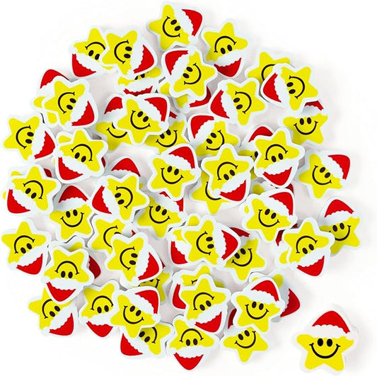 Christmas Winter Pencil Erasers - 60pcs Xmas Mini Erasers bulks Holiday Rubber Smiley Face Winter Christmas Party Favors School Rewards Cute Star Cartoon Rubber Eraser New Year holidays Gift