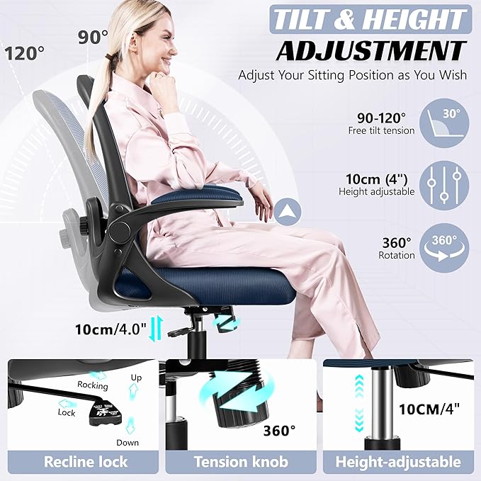 Office Chair Ergonomic Desk Chair with Adjustable 3D Lumbar Support and Height, Comfy Mesh Computer Chair with Flip-up Armrests, Swivel Rolling Task Chair with Wheels for Home Office (Navy)
