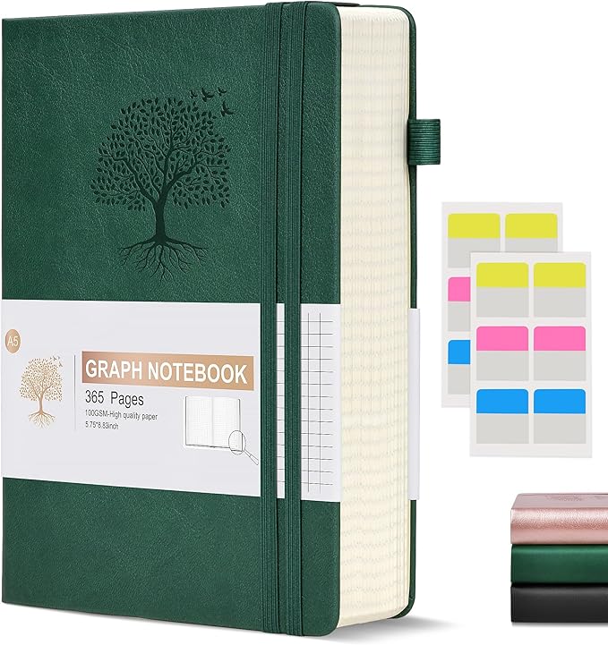 Graph Paper Notebook Journal, 360 Numbered Pages Grid Notebooks, Thick 100gsm Graphing Paper Journals for Writing Women Men, A5 Large Hardcover Leather Graph Notebook 5.75'' × 8.38'' Green