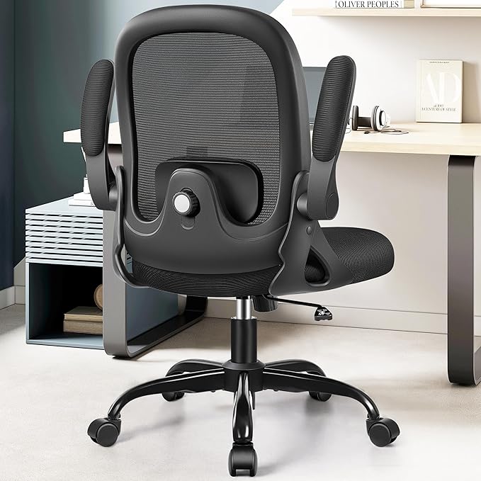 Office Chair Ergonomic Desk Chair with Adjustable 3D Lumbar Support and Height, Comfy Mesh Computer Chair with Flip-up Armrests, Swivel Rolling Task Chair with Wheels for Home Office (Black)