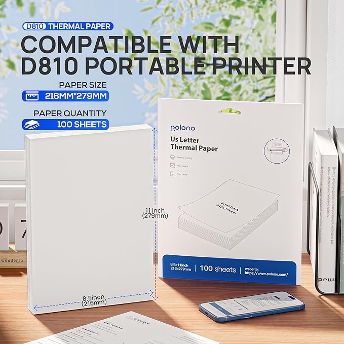POLONO D810 Thermal Printer Paper 8.5 x 11 Inch, Advanced Thermal Printing, US Letter Size Thermal Paper Compatible with D810, Size 8.5" x 11", 1 Pack, 100 Sheets
