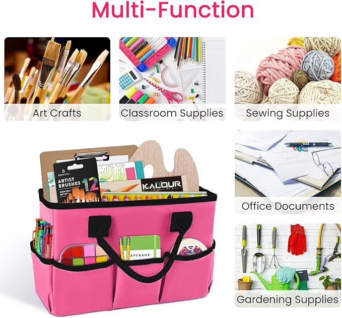 Godery Desktop Tote and Stock Organize, Teacher Helper Tote Bag Organization for Arts, Books, Stationery, etc, and Office Desk Organize, Make-up Storage Tote with Handles for Travel (PINK)