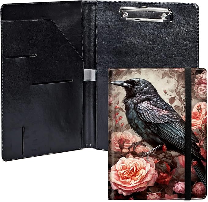 Bird and Roses PU Leather Padfolio Clipboard Notepad with Pen Loop and Elastic Strap Interview/Resume Document Organizer for Business School Office