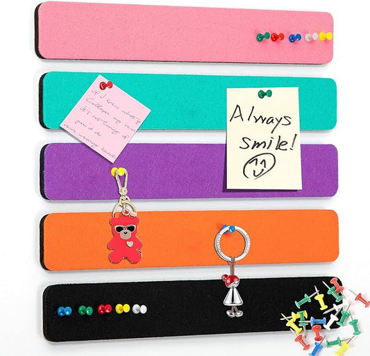 5 Pack Felt Pin Board Bar Strips Bulletin Board for Bedrooms Offices Home Wall Decoration, Notice Board Self Adhesive Cork Board with 35 Push Pins for Paste Notes, Photos, Schedules (Multi-Color)
