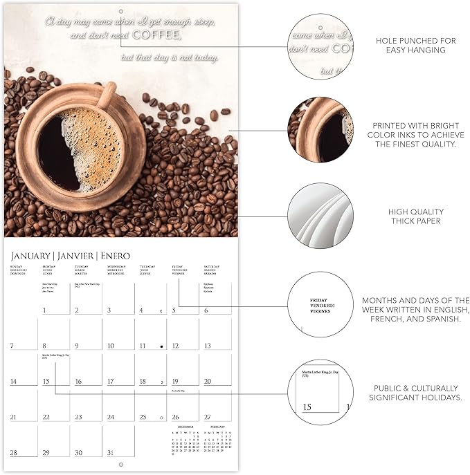 Graphique 2024 Coffee Wall Calendar | 12” x 12” | Thick Paper | Home & Office Organizer | Large Monthly Grid | 3 Languages & Marked Holidays | 4 Month Preview Page for 2025
