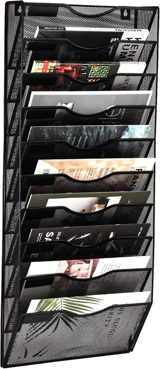 EASEPRES 10 Pockets Mesh Wall File Holder Organizer Office Hanging Magazine Rack, Black