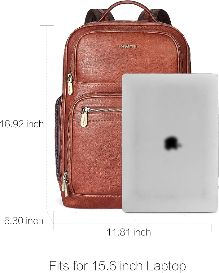 BOSTANTEN Leather Backpacks College 15.6” Laptop Travel Computer Shoulder Backpack For Men Coffeebrown