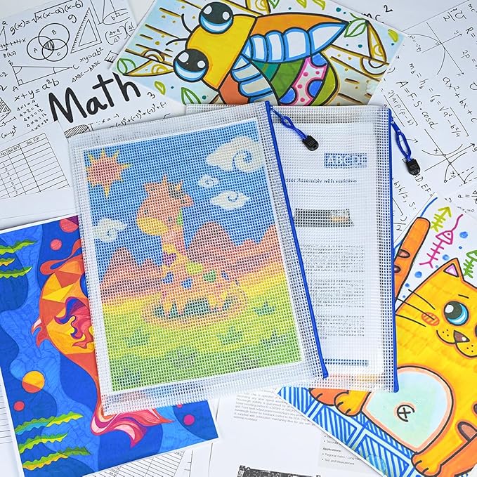 AUSTARK 10 Pcs Zipper File Bags, Waterproof Plastic Mesh Pouch for Office School, Board Game Storage Bags (A4 Size 13.4''x9.4'', White and Blue)