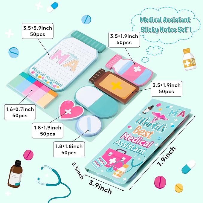 B1ykin Sticky Notes Set - Cartoon Theme Cute Self-Stick Notes Pad Teacher Appreciation Gifts， Self-Adhesive Writing Memo Pages Sticky to Do Notepad for Kids Employee School Office (Medical Assistant)