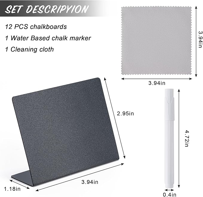 BOOMIBOO 12 Pack 4"x3"Mini Chalkboard Signs, Reusable and Reserved Table Signs, Easy to Write and Wipe Out, Food Labels for Parties - Buffets - Birthdays -Bakery-Table Numbers-Weddings