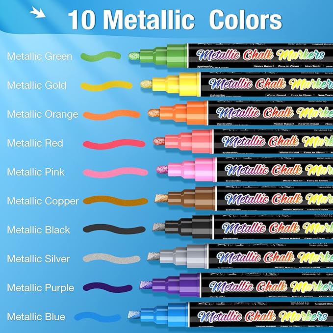 Metallic Liquid Chalk Markers for Chalkboard -10 Colors Wet Erase Window Marker Pens with 6mm Reversible Bullet & Chisel Tip for Glass, Calendar Boards, Car Decorations, Auto, Bistro, Mirror, Business