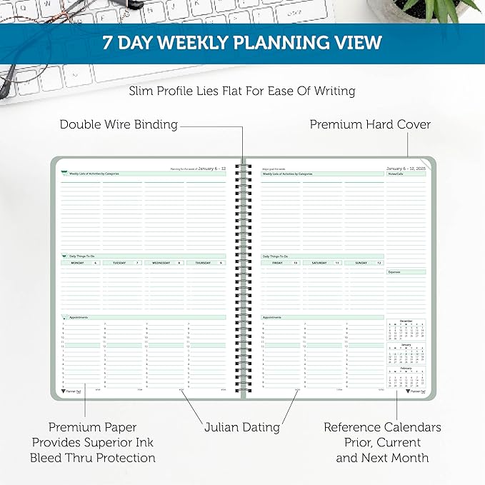 Planner Pad Spiral Bound January-December 2025/ Calendar Year 8 1/2" x 11" Large 3-Tier Funnel Down 12 Month Organizer, Greenish Grey Cover/Soft Green Ink