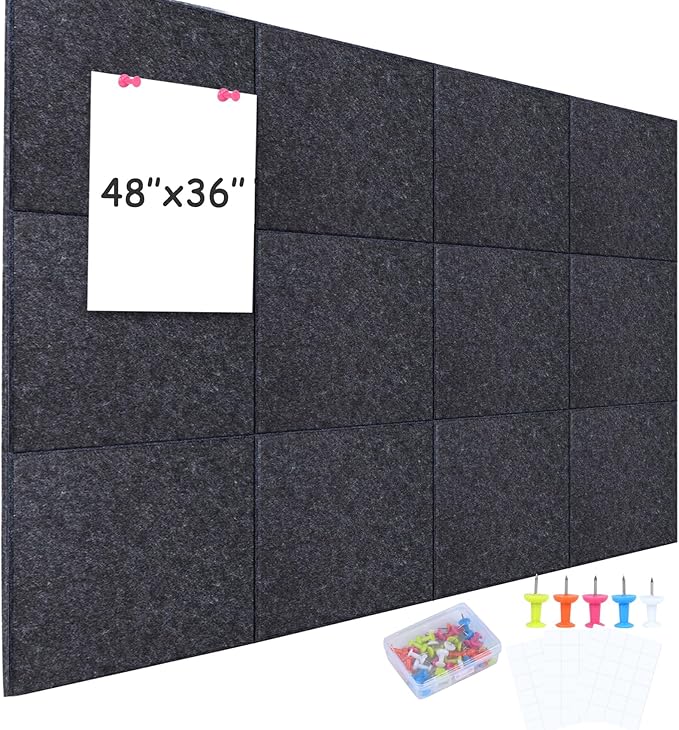 Cork Board 48 x 36, 12 Pack Bulletin Boards for Walls, Large Felt Wall Tiles with Pushpin, Noise Reduction Alternative Cork Board for Office Wall(Gray Black)